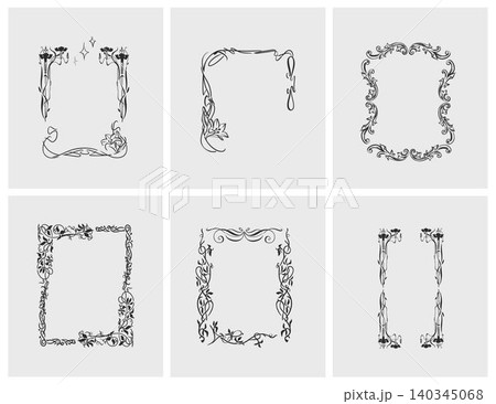 Hand drawn vector abstract outline,graphic,line vintage celebration ornament art nouveau frames set in drawing elegant style.Elegant decoration vintage outline design isolated. Floral ornament border 140345068