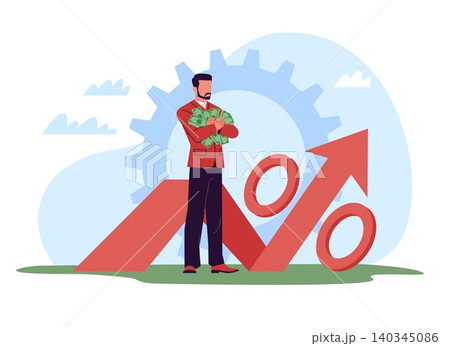 Investment in business. Profitability analysis, man hugs bundles of banknotes against backdrop of growing chart, percentage symbol, economic performance, vector cartoon isolated concept Investment in business. Profitability analysis, man hugs bundles of banknotes against backdrop of growing chart, percentage symbol, economic performance, vector cartoon isolated concept 140345086