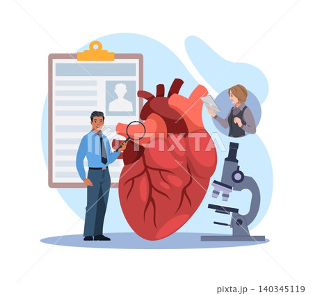 Tiny doctors examine large heart. Magnifying glass and microscope using, medical research, Medical staff analyze cardiology diagnostics, vector cartoon isolated people healthcare concept Tiny doctors examine large heart. Magnifying glass and microscope using, medical research, Medical staff analyze cardiology diagnostics, vector cartoon isolated people healthcare concept 140345119