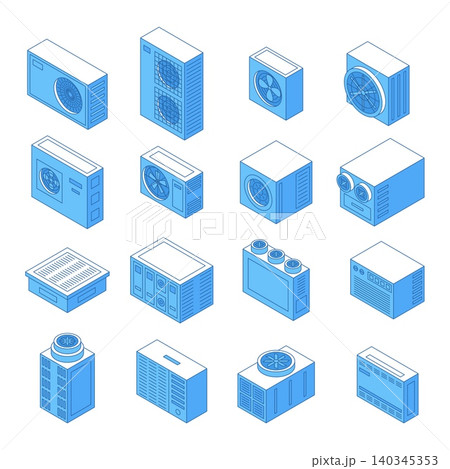 Isometric ventilation equipment. Cooling and warming equipment, industrial ventilation technologies. Climate control systems for fabric, houses, nifty vector set Isometric ventilation equipment. Cooling and warming equipment, industrial ventilation technologies. Climate control systems for fabric, houses, nifty vector set 140345353