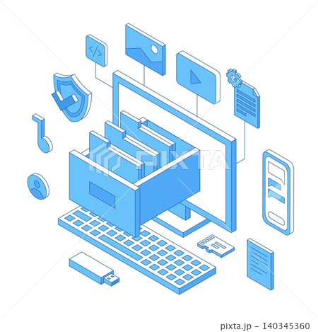 Isometric documents digital storage. Electronic document organization, files database, safety folders and docs, self info, nifty vector scene Isometric documents digital storage. Electronic document organization, files database, safety folders and docs, self info, nifty vector scene 140345360