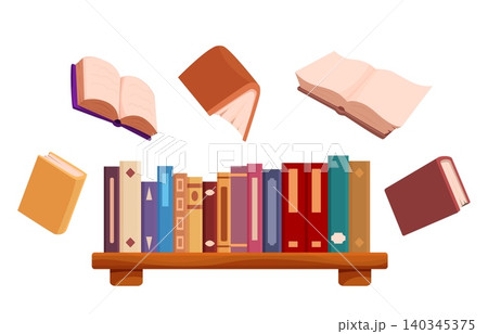 Cartoon book festival banner. Bookshelf with flying books around. Literature lesson, book lovers, library or bookstore. Educational sapid vector scene 140345375