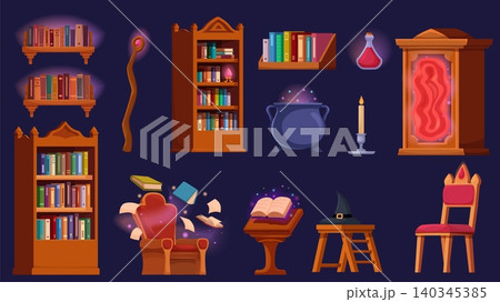 Magic library objects. Magician school or academy cartoon furniture. Chair and stool, wooden desk, cauldron, bookshelves and bookcase, fantasy sapid vector set Magic library objects. Magician school or academy cartoon furniture. Chair and stool, wooden desk, cauldron, bookshelves and bookcase, fantasy sapid vector set 140345385