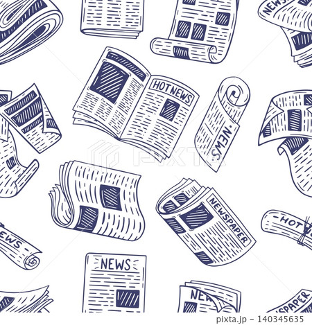 Doodle newspapers seamless pattern. Breaking news, paper information sheets. Magazines and periodic, pressa print template, neoteric vector background Doodle newspapers seamless pattern. Breaking news, paper information sheets. Magazines and periodic, pressa print template, neoteric vector background 140345635