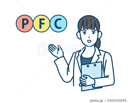 PFCバランスについて説明する栄養士のイラスト PFCバランスについて説明する栄養士のイラスト 140345845