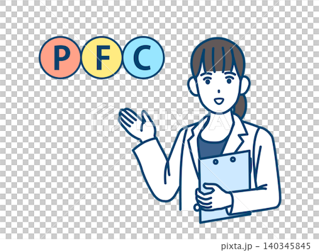 PFCバランスについて説明する栄養士のイラスト PFCバランスについて説明する栄養士のイラスト 140345845
