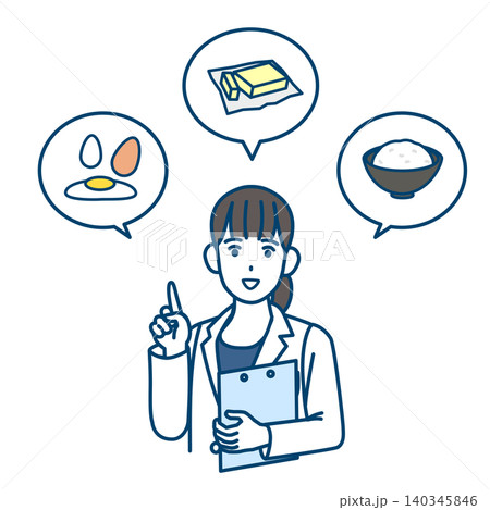 PFCバランスの取れた食事を勧める栄養士のイラスト PFCバランスの取れた食事を勧める栄養士のイラスト 140345846
