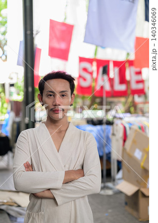 Thai Non-Binary Gay Man Vertical Portrait with Arms Crossed at Market Thai Non-Binary Gay Man Vertical Portrait with Arms Crossed at Market 140346069