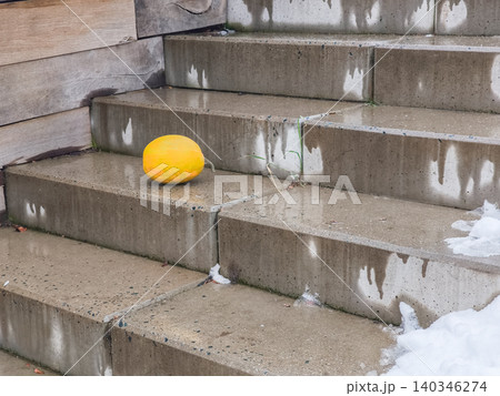 Yellow melon resting on wet concrete stairs Yellow melon resting on wet concrete stairs 140346274
