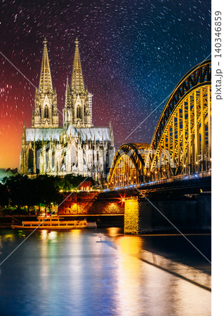 Night View Of Cologne Cathedral And Hohenzollern Bridge, Germany. Europe. Night View Of Cologne Cathedral And Hohenzollern Bridge, Germany. Europe. 140346859
