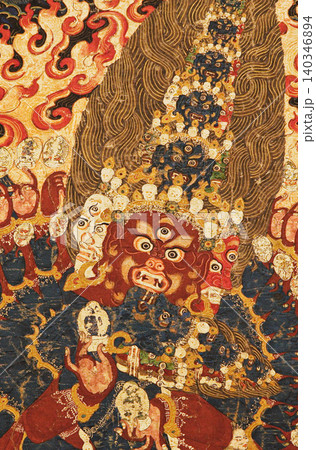 Detail of Mahakala in Buddhist Thangka. Central Figures in Buddhist Thangka 140346894