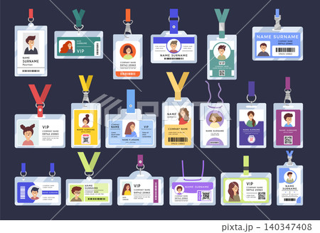 ID cards. Vector set of office name badges with plastic holders profile images and modern lanyard designs in recent mood ID cards. Vector set of office name badges with plastic holders profile images and modern lanyard designs in recent mood 140347408