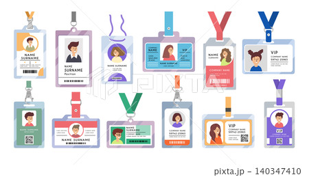 ID cards. Vector badge collection with employee pass templates portrait photos and colorful lanyards in recent style 140347410