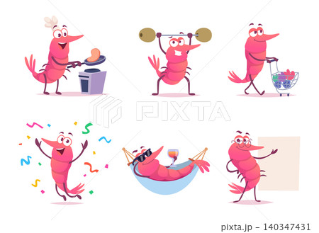 Funny shrimp. Vector cartoon set with cute shrimp characters playing music partying and relaxing in playful exact style 140347431