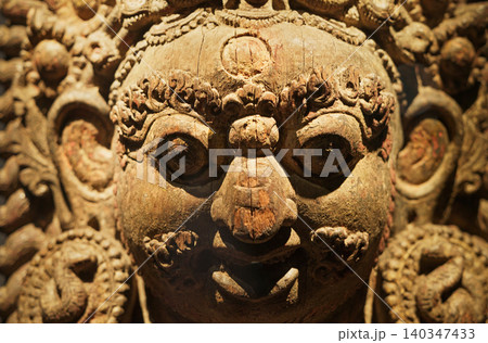 Bhairava, Popular God In Nepal, Is Ferocious Form Of Shiva. Wooden Statue Of Mahabhairava. He Assumes This Form To Destroy Evil. Large And Impressive Heads Of Bhairava Adorning The Entrances Of 140347433