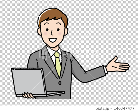 A businessman explaining with a laptop. 140347477