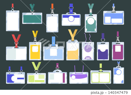 ID Badges. Colorful vector id cards with lanyards and blank templates in flat office style collection 140347479