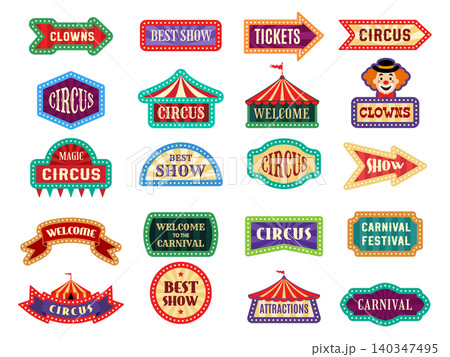 Carnival banners. Vector collection of circus ticket signs glowing frames and colorful recent entertainment labels Carnival banners. Vector collection of circus ticket signs glowing frames and colorful recent entertainment labels 140347495