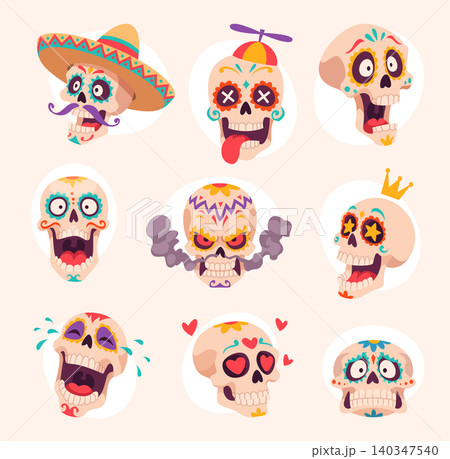 Cartoon skulls. Vector collection of creepy cute skeleton faces with comic expressions and playful exact style 140347540
