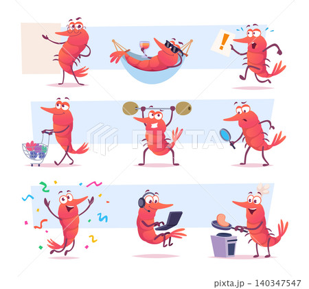 Cartoon shrimp. Vector collection with funny seafood characters dancing singing and holding party items in bright exact mood 140347547