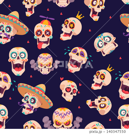 Sugar Skulls. Vector seamless pattern with colorful skull characters hearts sombreros and funny faces on dark background 140347550