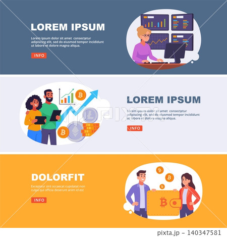 Crypto Banners. Vector finance banners with traders coins charts and bitcoin wallet scenes in modern flat style illustration set Crypto Banners. Vector finance banners with traders coins charts and bitcoin wallet scenes in modern flat style illustration set 140347581