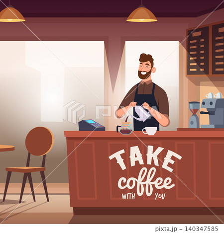 Coffee Shop. Vector cafe interior with smiling barista brewing coffee counter lettering and cozy coffeehouse atmosphere illustration set 140347585