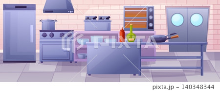 Professional kitchen interior. Restaurant fast food, cafe cooking area. Deep fryer, food warming cabinet, refrigerator, stove, dishes, nowaday vector scene 140348344