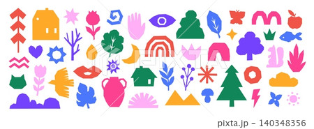 Colorful abstract linocut shapes. Cut out bright nature symbols, abstract geometric elements. Decorative shape for design, ad, banners, stickers, racy vector set Colorful abstract linocut shapes. Cut out bright nature symbols, abstract geometric elements. Decorative shape for design, ad, banners, stickers, racy vector set 140348356