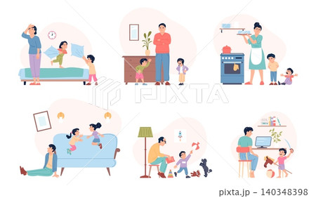 Tired unhappy parents. Mothers fathers and naughty children. Upset parent cant working, doing housework, resting. Family exhausted recent vector scenes 140348398