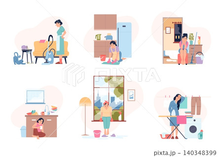 Tired housewife scenes. Women doing housework, washing, cleaning floor, vacuuming and ironing. Upset, exhausted female characters, recent vector set Tired housewife scenes. Women doing housework, washing, cleaning floor, vacuuming and ironing. Upset, exhausted female characters, recent vector set 140348399