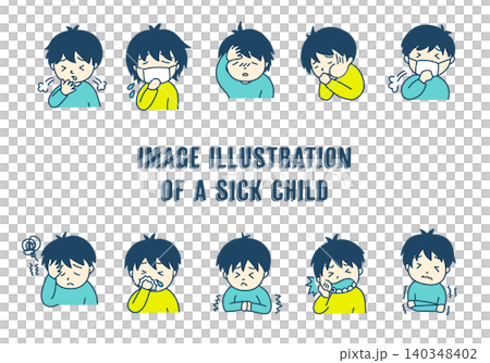 A set of simple, colorful illustrations of sick children. A set of simple, colorful illustrations of sick children. 140348402