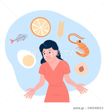 Food allergy. Woman has watery eyes, rash and redness of skin due to nutrition allergy. Different allergens, intolerance for products, recent vector scene 140348413