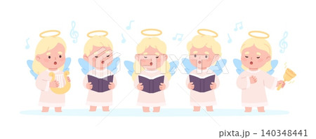 Children angel choir. Little kids wear angels costumes, holy festival or holiday characters. Adorable singers with books, harp and trumpet, racy vector scene 140348441