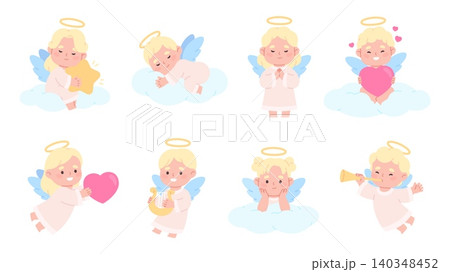 Little angel characters. Funny angel sleeping on cloud, hold heart and star. Holy baby character with wings, cartoon christmas mascots, racy vector set Little angel characters. Funny angel sleeping on cloud, hold heart and star. Holy baby character with wings, cartoon christmas mascots, racy vector set 140348452