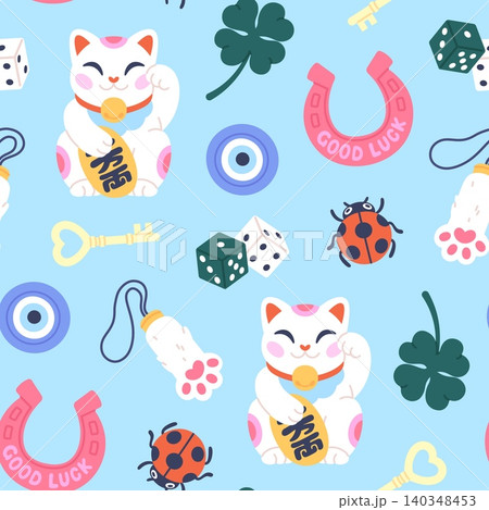 Lucky symbols seamless pattern. Protective elements, clover, dice, evil eye, cat paw. Stylish cartoon print for fabric, web page, wallpaper, racy vector background Lucky symbols seamless pattern. Protective elements, clover, dice, evil eye, cat paw. Stylish cartoon print for fabric, web page, wallpaper, racy vector background 140348453