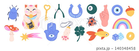 Protection lucky talismans. Magic amulets for happiness, joyful. Cartoon maneki neko cat, horseshoe, golden fish, dice, evil eye and clover, racy vector set Protection lucky talismans. Magic amulets for happiness, joyful. Cartoon maneki neko cat, horseshoe, golden fish, dice, evil eye and clover, racy vector set 140348458