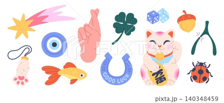Lucky charms. Different lucky symbols, maneki neko cat, dice, horseshoe. Cartoon magical amulets, traditional symbol for happy, racy vector set Lucky charms. Different lucky symbols, maneki neko cat, dice, horseshoe. Cartoon magical amulets, traditional symbol for happy, racy vector set 140348459