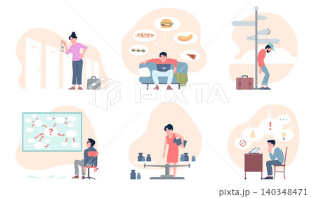 Decision fatigue scenes. Overload from multitasking, difficulty making life choices, cognitive imbalance and tired brain. Apathy people recent vector scenes Decision fatigue scenes. Overload from multitasking, difficulty making life choices, cognitive imbalance and tired brain. Apathy people recent vector scenes 140348471