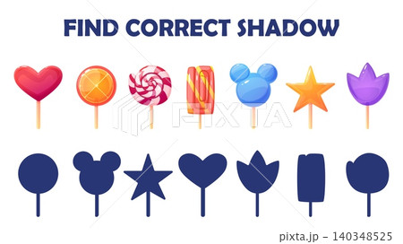 Find correct lollipop shadow. Cartoon sweet candies different shapes, lollipop heart, star, swirl, flower. Children educational game for development, vector template Find correct lollipop shadow. Cartoon sweet candies different shapes, lollipop heart, star, swirl, flower. Children educational game for development, vector template 140348525