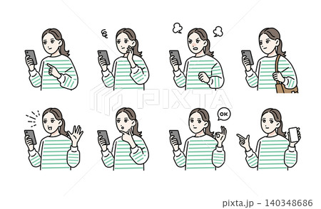 スマホを持っている若い女性のポーズセット スマホを持っている若い女性のポーズセット 140348686