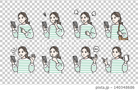 スマホを持っている若い女性のポーズセット スマホを持っている若い女性のポーズセット 140348686