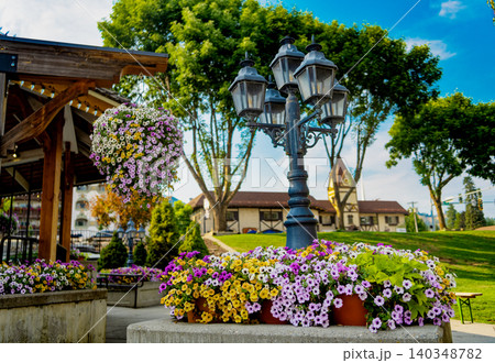 Flowerbed and flowerpot outdoor in the street of cozy small town. Picturesque flower decoration and streetlamp. Street lamp among flower Flowerbed and flowerpot outdoor in the street of cozy small town. Picturesque flower decoration and streetlamp. Street lamp among flower 140348782