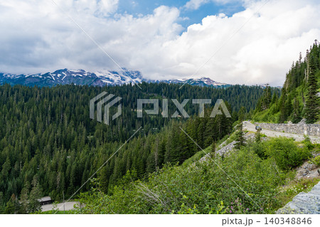 Serene countryside scenery. Scenic green hill mountain. Summer day in wild mountain with coniferous forest and green slopes. Mountain landscape with meadow. Mountainous landscape with cloudy sky 140348846