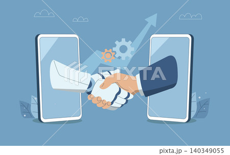 Human and robot hands shake hands through a smartphone, Cooperation between humans and robots, AI, Human and artificial intelligence collaboration, Modern technology and innovation concept. Vector. 140349055