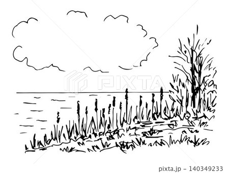 Hand-drawn simple vector sketch with black outline. Landscape, nature, overgrown shore of a wild lake, reeds, grass, tree, water. Cloud with an empty place for an inscription. Game hunting, fishing. 140349233