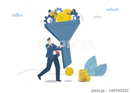Collecting and filtering business ideas to make money, Ideas for using creativity to develop organizations, Businessman using the filter of lightbulb ideas to make money. Vector design illustration. Collecting and filtering business ideas to make money, Ideas for using creativity to develop organizations, Businessman using the filter of lightbulb ideas to make money. Vector design illustration. 140349282