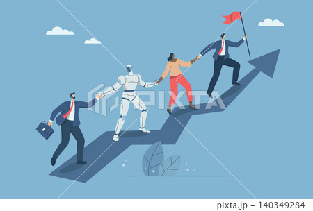 Collaboration between humans and artificial intelligence or AI, Corporate technology development, Investment growth, Businessmen and robots are climbing up a soaring arrow. Vector design illustration 140349284