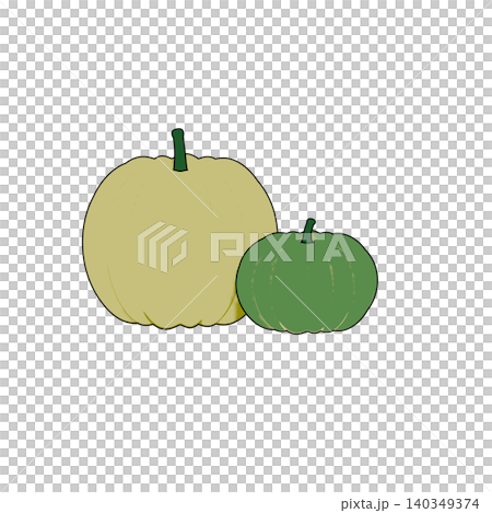 An illustration of two pumpkins, one light yellow and one green, cut out from a transparent background. An illustration of two pumpkins, one light yellow and one green, cut out from a transparent background. 140349374