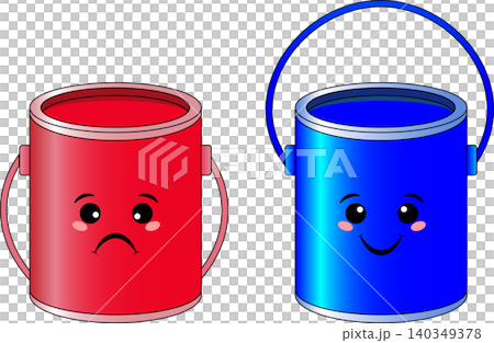 Cute cartoon paint buckets vector illustration with funny sad red and happy blue character faces isolated on white background 140349378